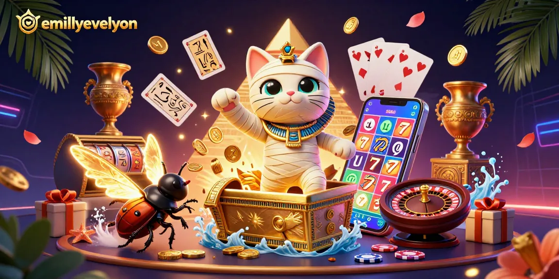 Experience thrilling wins with emillyevelyn's vibrant casino scene featuring a mummy cat and glowing elements