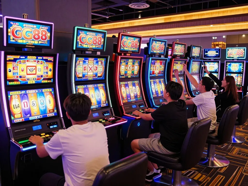 Players enjoying GG88 SLOT with colorful slot machines and celebrations around them