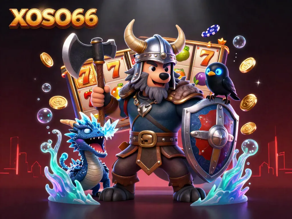 Experience thrilling gaming at XOSO66 with our 3D Viking warrior, dragon, and jackpot elements.