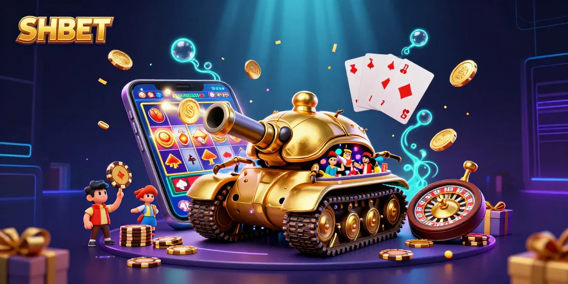 Experience the thrills of SHBET’s mini-casino within a golden beetle tank, bursting with games and fun.