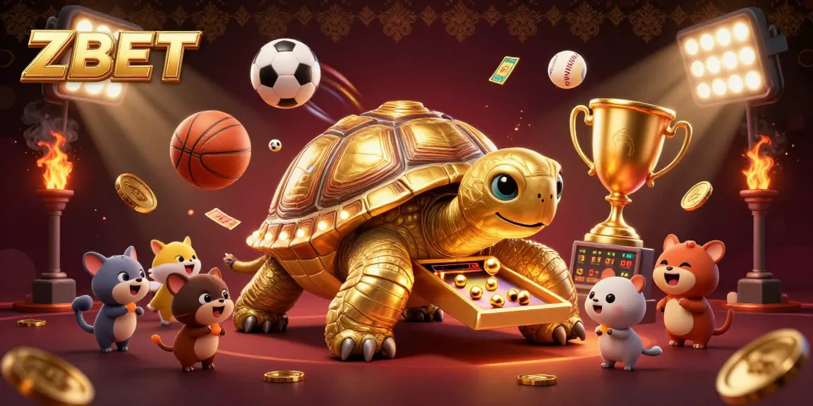 ZBET showcases a lively scene with a gaming tortoise and flying sports balls, capturing the excitement of online gambling.