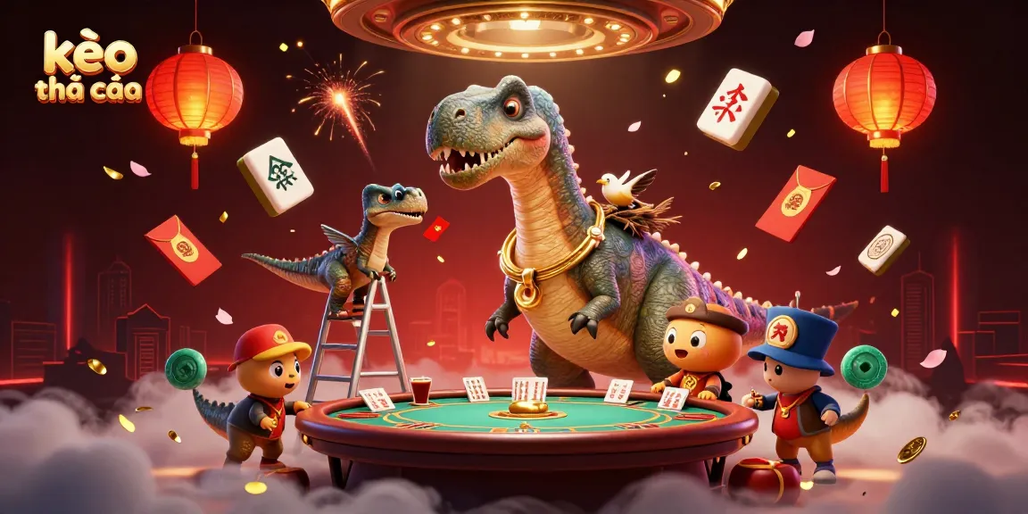 Engage with the thrill of kèo nhà cái as a colorful dinosaur oversees lively card dealing in a vibrant casino.