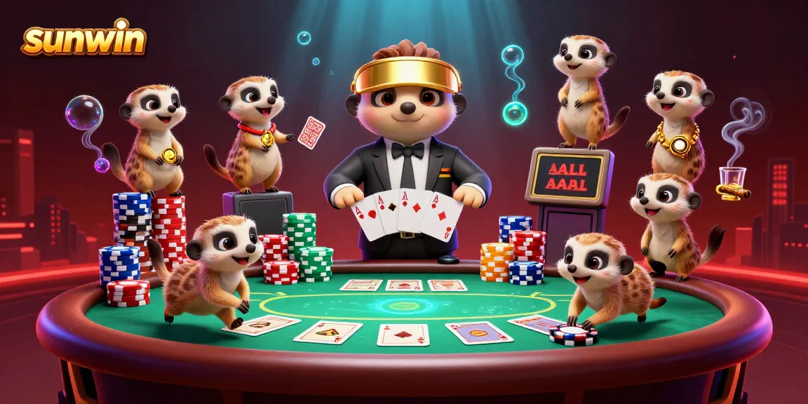 Engage with sunwin's immersive 3D casino scene featuring meerkats in a dynamic card game.