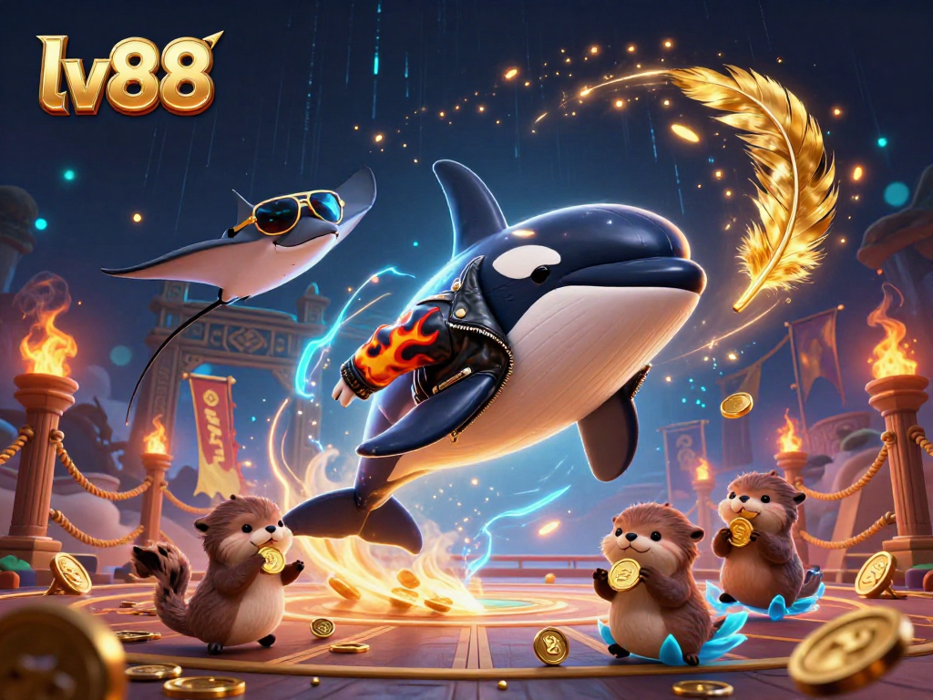 Join the excitement of lv88 with a dynamic 3D illustration featuring sea creatures and golden coins.