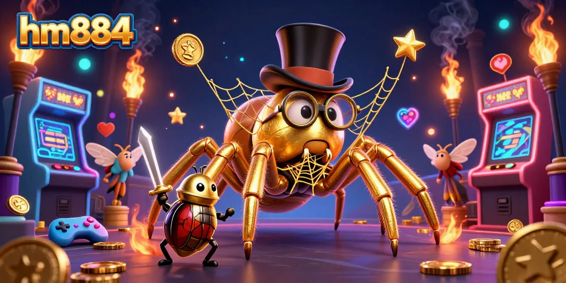 Experience high-stakes gameplay with hm884's vibrant casino scene featuring a golden tarantula and beetle knight.
