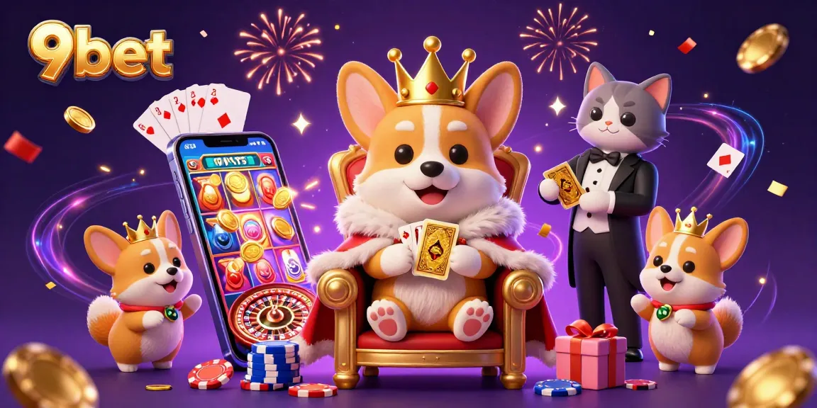 Engage with 9bet's vibrant casino universe, featuring a royal corgi on poker chips and gaming elements.