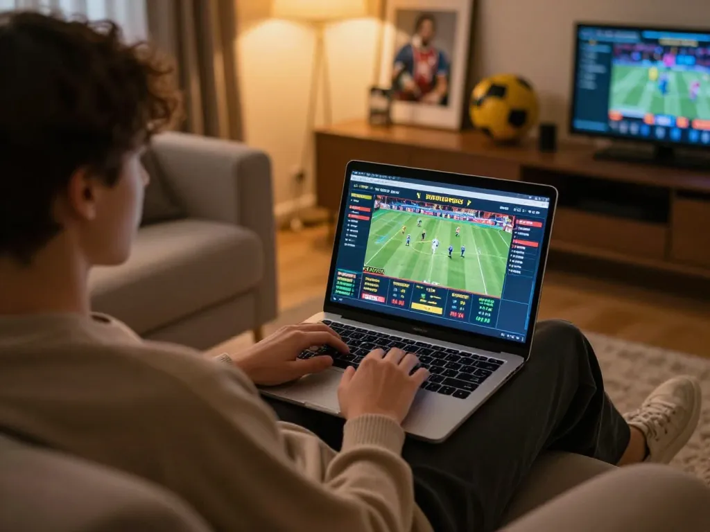 Person engaging with keonhacaii online betting interface, immersed in live match analysis and odds tracking.