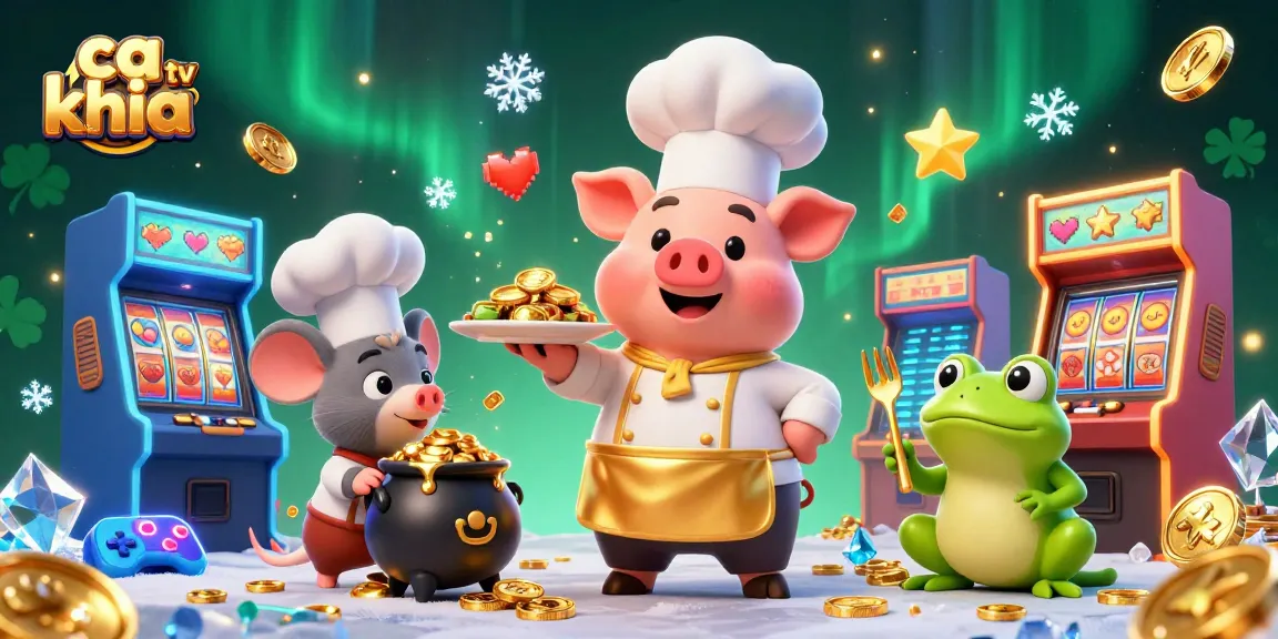 Experience ca khia tv action with chef pig serving gold coins, vibrant casino elements surrounding.