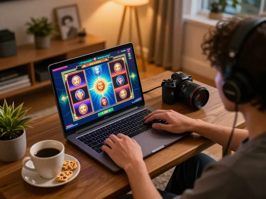 Player enjoying an engaging RR88 slot game from a cozy home setup, emphasizing online gaming excitement.