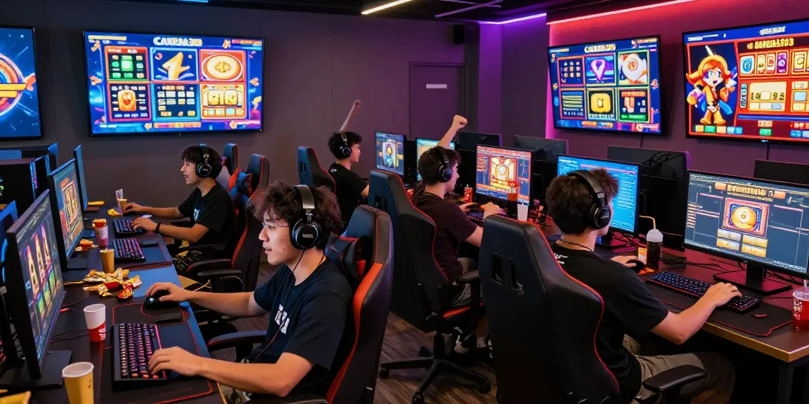 Players at GARUDA303 enjoying slot games with vibrant colors and a lively atmosphere