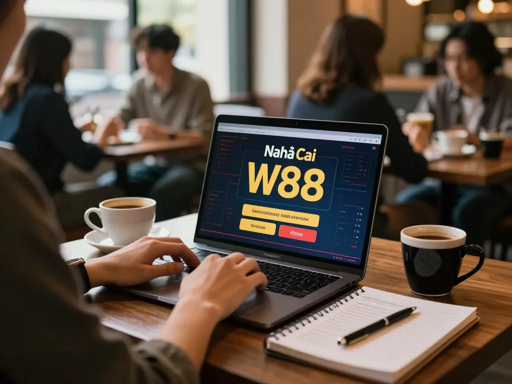 Engaged user accessing Nhà Cái W88 online casino during relaxed coffee shop visit