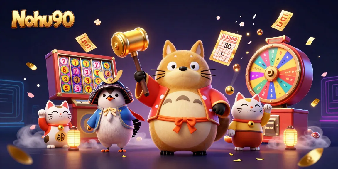 Nohu90 players immerse in the vibrant slot jackpot experience with cheerful characters and dynamic game elements.