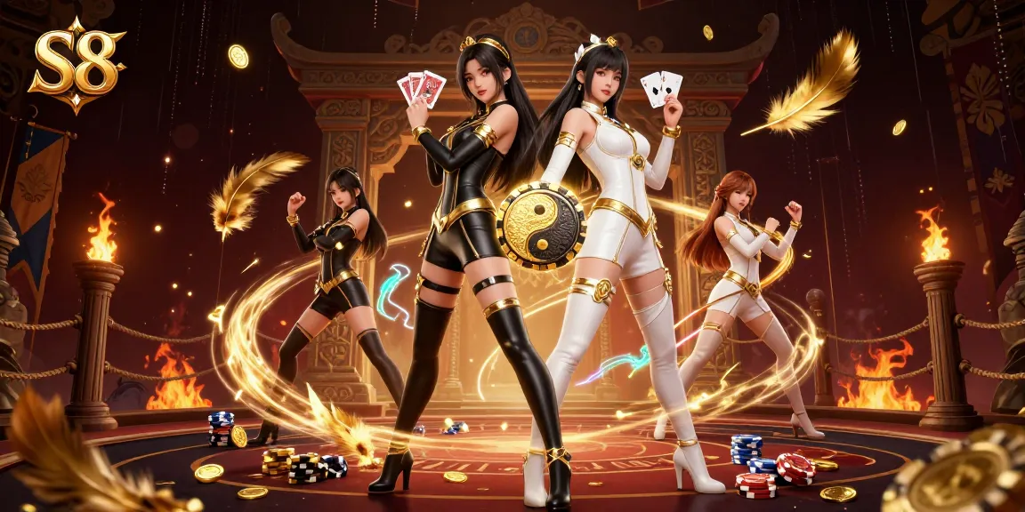 Bet on exciting games with S8 casino’s stunning twin Asian women holding playing cards.