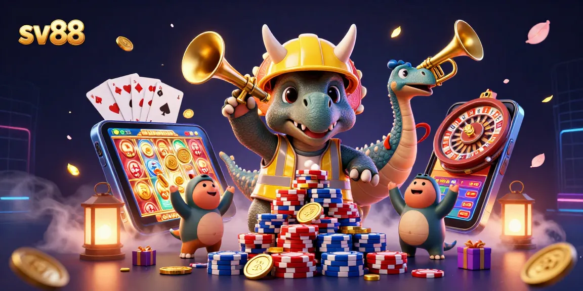 Experience the excitement at sv88 with a colorful casino scene featuring cheerful characters and games.