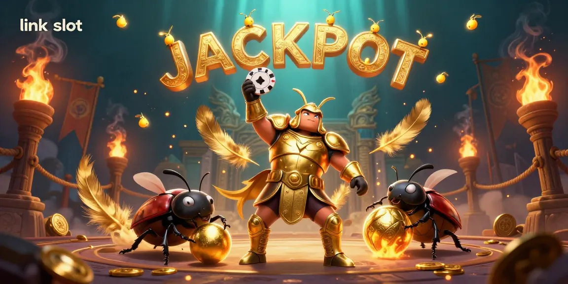 Memainkan link slot dengan karakter unik seperti kumbang hercules bersenjata di dalam arena, penuh simbol permainan dan efek api.