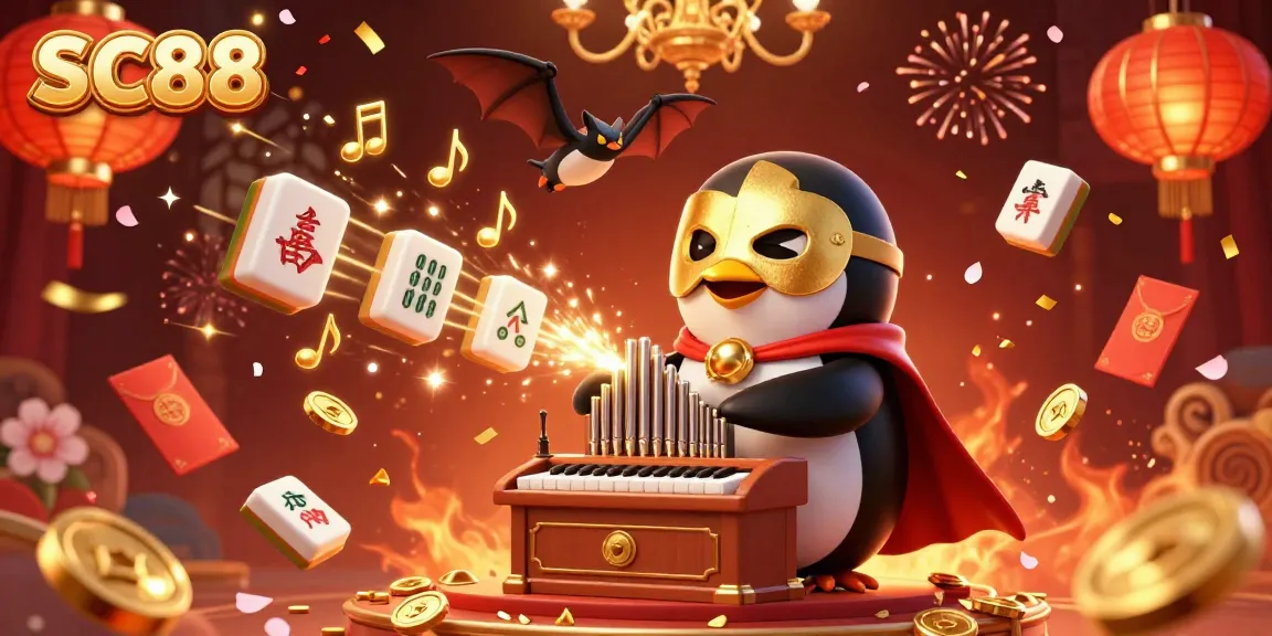 Experience SC88 excitement with vibrant casino-themed 3D illustration of a penguin playing a gold-shooting organ.