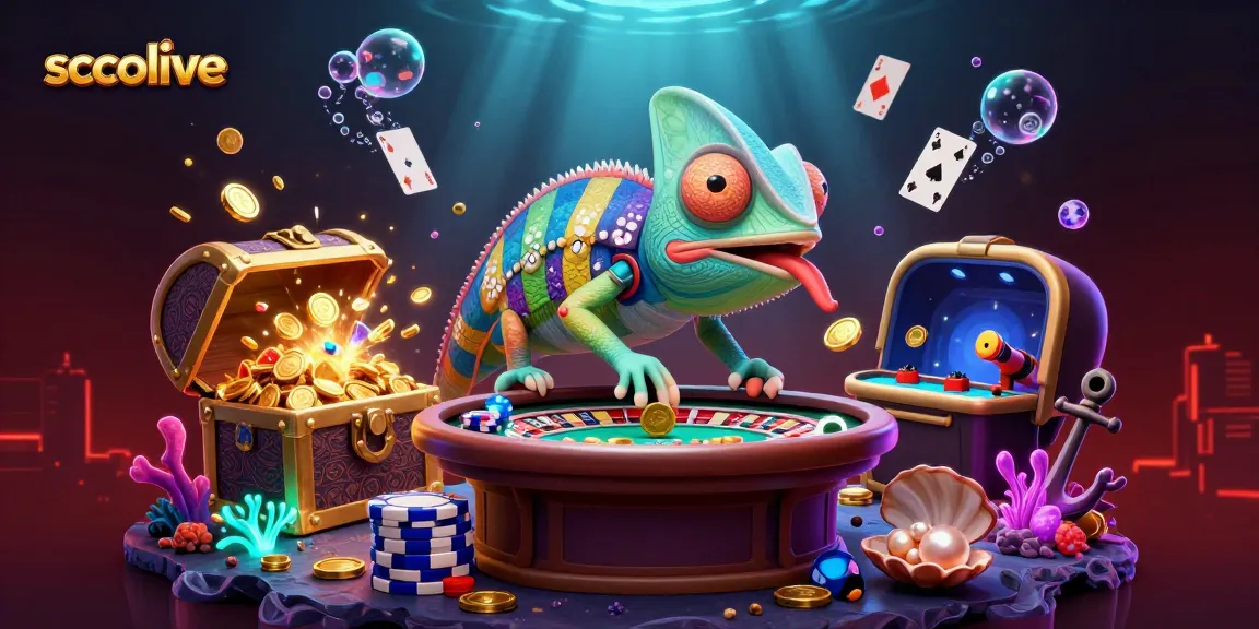 Win big with socolive's vibrant casino-themed illustration featuring our chameleon mascot.