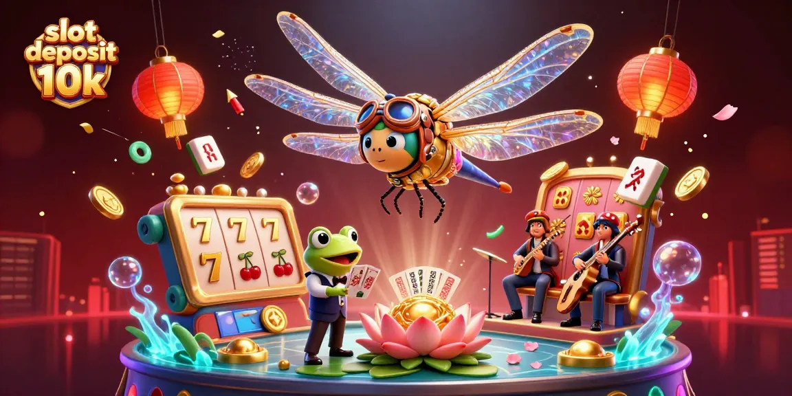 Experience the thrill of slot deposit 10k at a vibrant lily pad casino with colorful slot reels and lively characters.