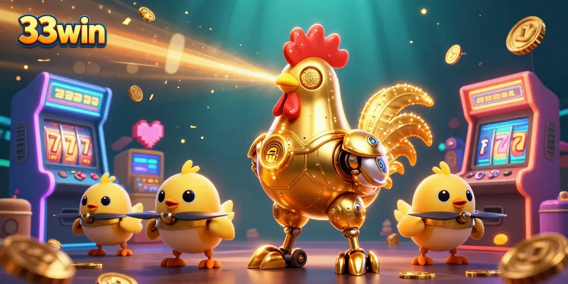 33win offers an engaging 3D illustration of a futuristic golden rooster robot and baby chick drones playing arcade games in a vibrant casino atmosphere.