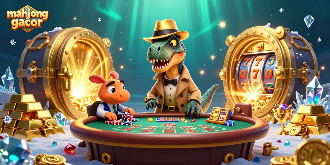 Play exciting mahjong gacor at a casino scene with cartoon characters and vibrant treasures.