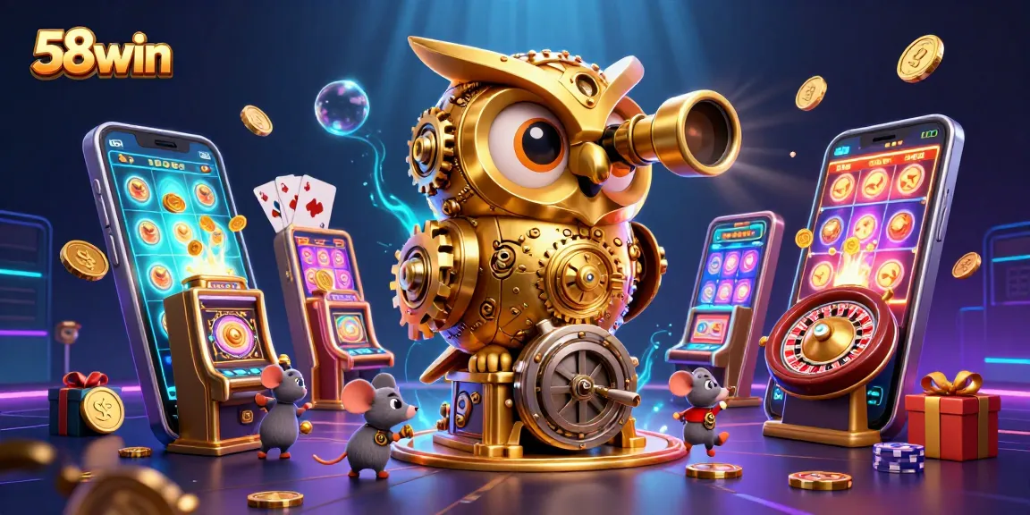 Engage with 58win's dynamic slots scene featuring exciting gaming elements and a charming cartoon owl.
