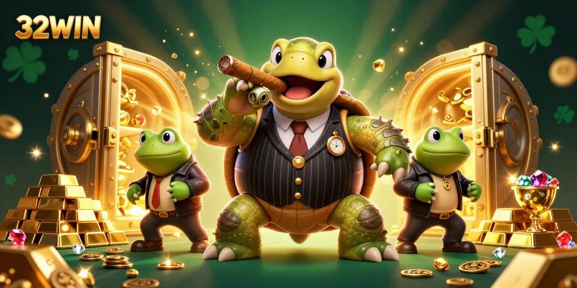 Engage with 32WIN's vibrant gaming scene featuring a turtle mobster and bullfrog enforcers amid golden treasures.