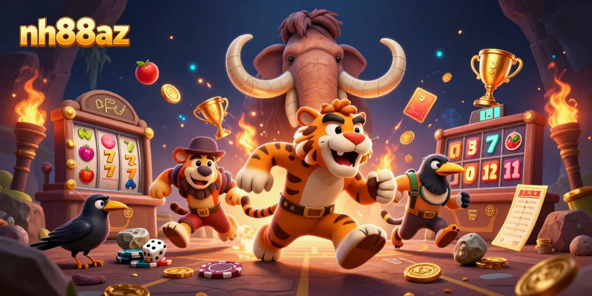 Engage in thrilling gaming with nh88az’s vibrant prehistoric casino, featuring dynamic slot reels and lively characters.