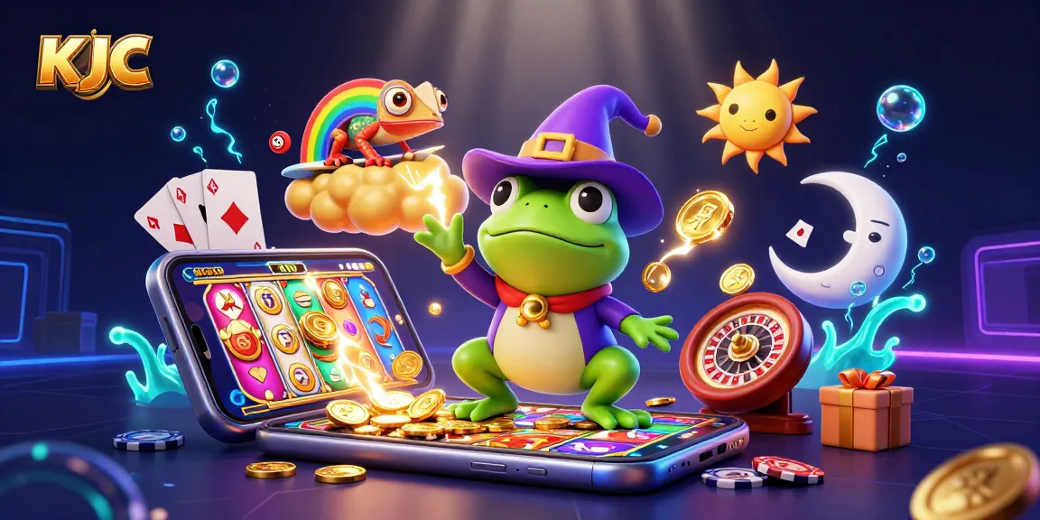 KJC offers players a captivating experience with golden coins erupting from a smartphone in a lively casino scene.