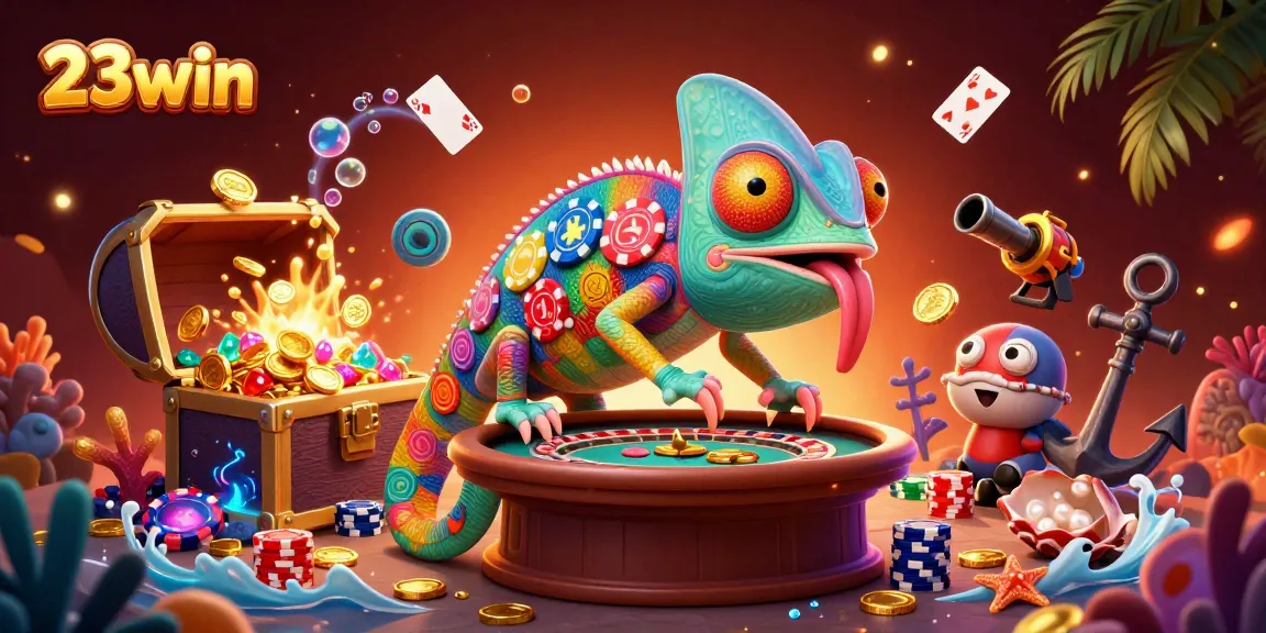 Experience 23win's vibrant casino world with its colorful chameleon owner and dynamic gaming elements.