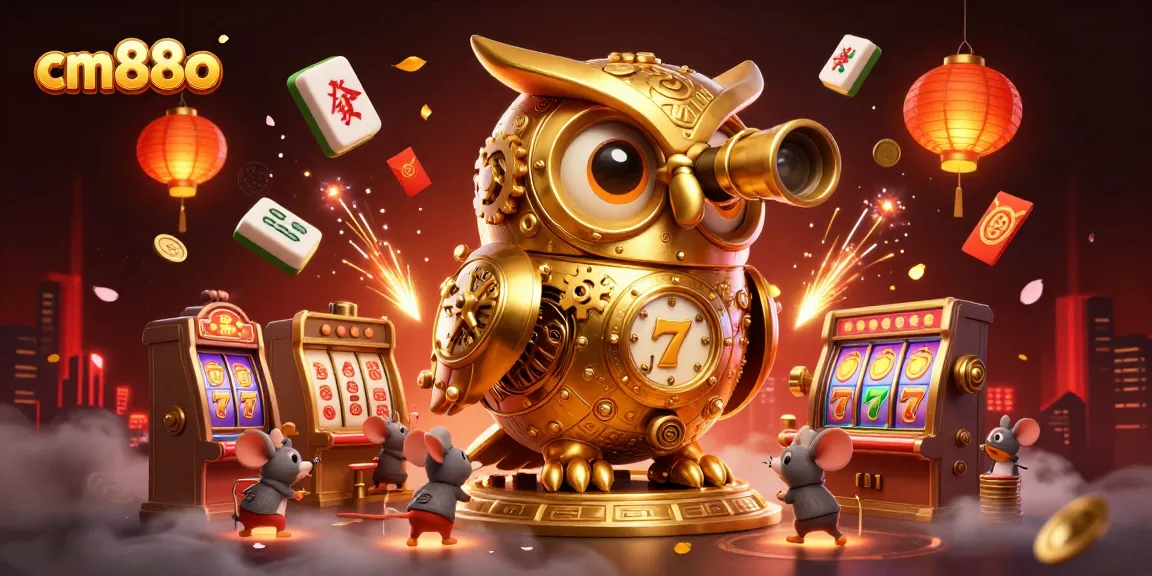 Experience cm88o's vibrant casino atmosphere with detailed owl, slot machines, and festive elements.