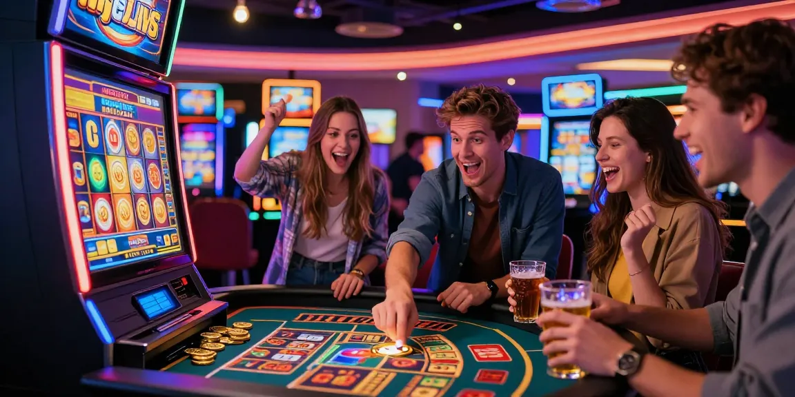 HWGSLOT gaming experience with friends at a vibrant casino, showcasing excitement and fun.