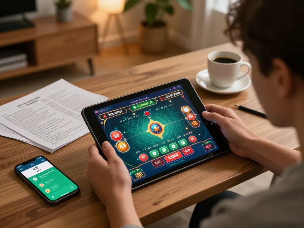 Engaged player using kjc casino app on a tablet during an exciting home gaming session