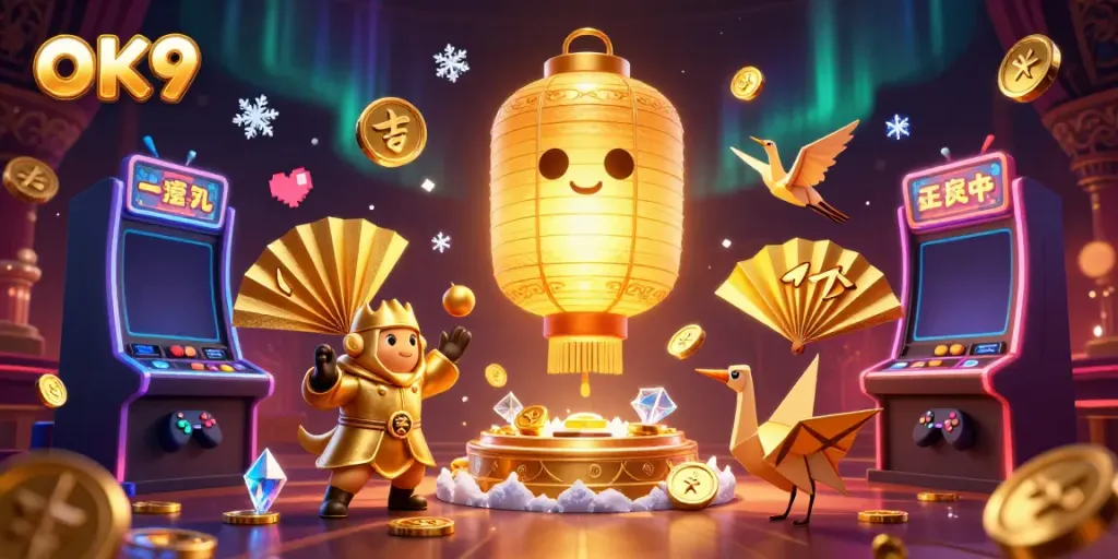 Experience the vibrant casino energy at OK9 with dynamic characters and golden symbols in 3D.