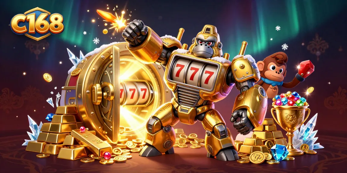 Win big at c168 with a golden gorilla mech, treasure vaults, and exciting casino elements.