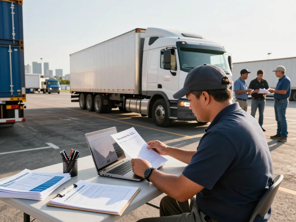 Owner-operator reviewing a Truck Insurance quote at a logistics hub.