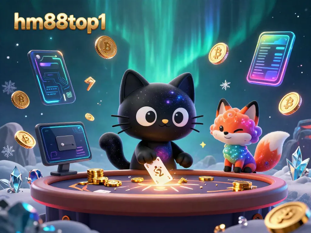 Experience the thrilling cosmic casino with hm88top1's black hole cat and nebula fox amidst swirling neon elements.