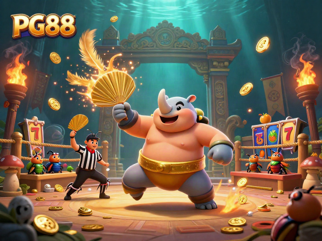 Engage in PG88's vibrant casino world featuring a thrilling sumo battle amidst dynamic slot elements.