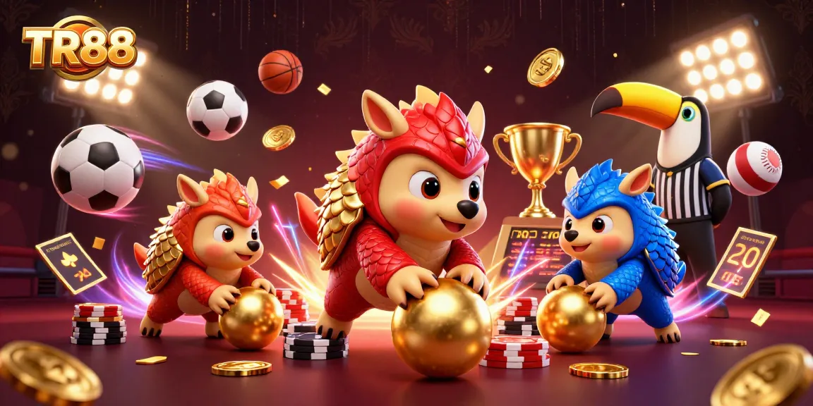 TR88 features a dynamic showdown between rival pangolins bowling through poker chips, highlighting sports betting excitement.