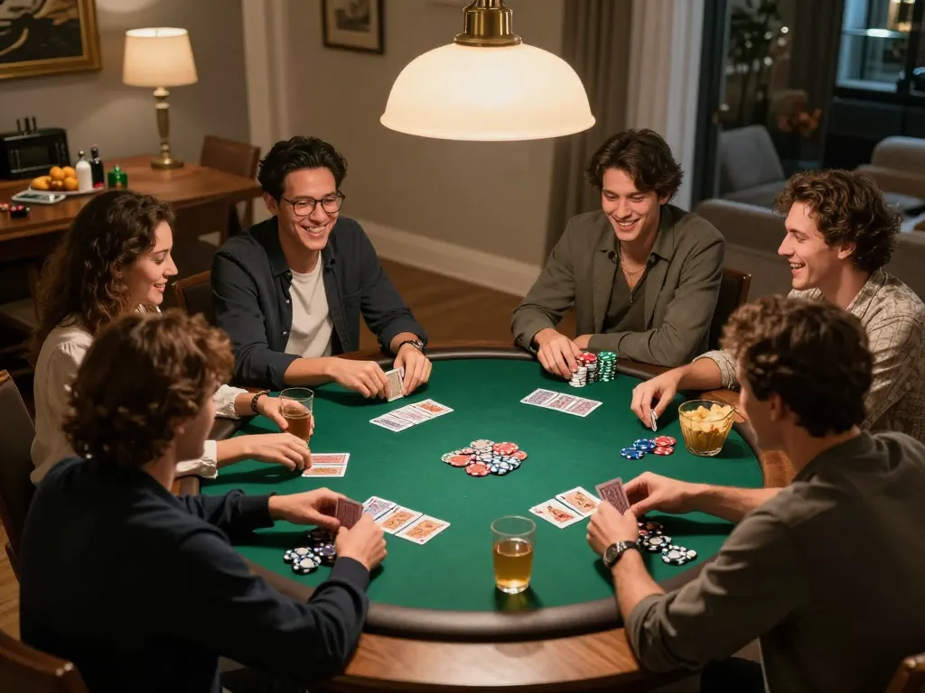 Des amis profitant d'une soirée poker avec de l'argent réel à domicile, mettant en avant une atmosphère de jeu en ligne responsable.