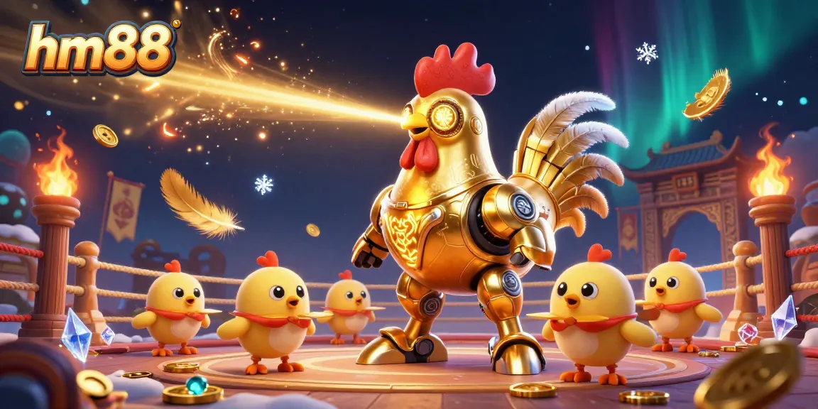 Engage with the thrilling action of hm88's golden rooster robot in an animated casino scene