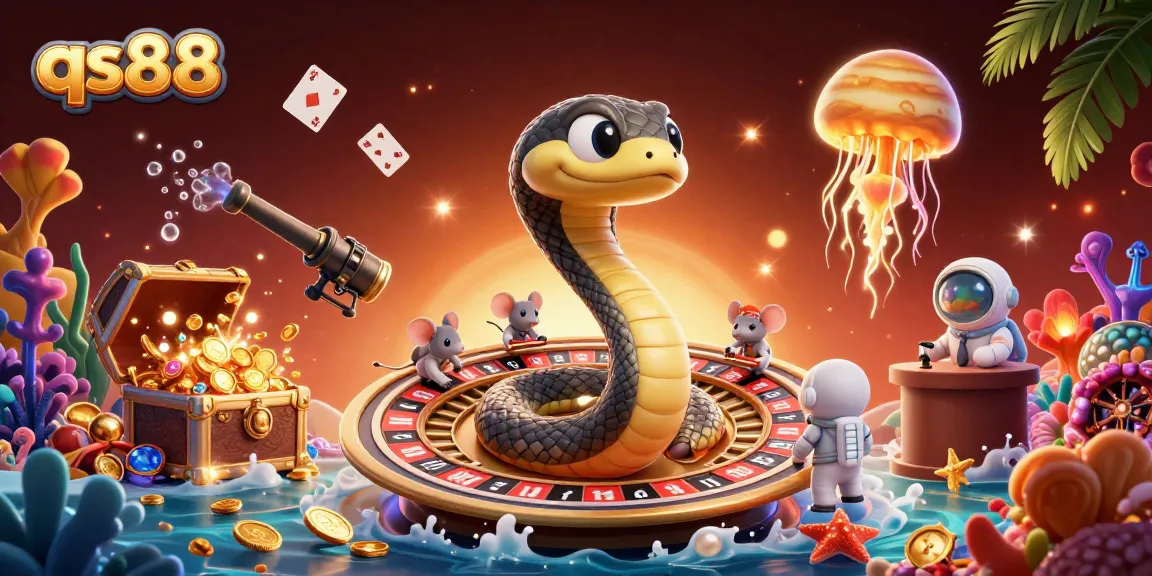 Engage with qs88's roulette fun, featuring vibrant space-themed characters and casino elements.