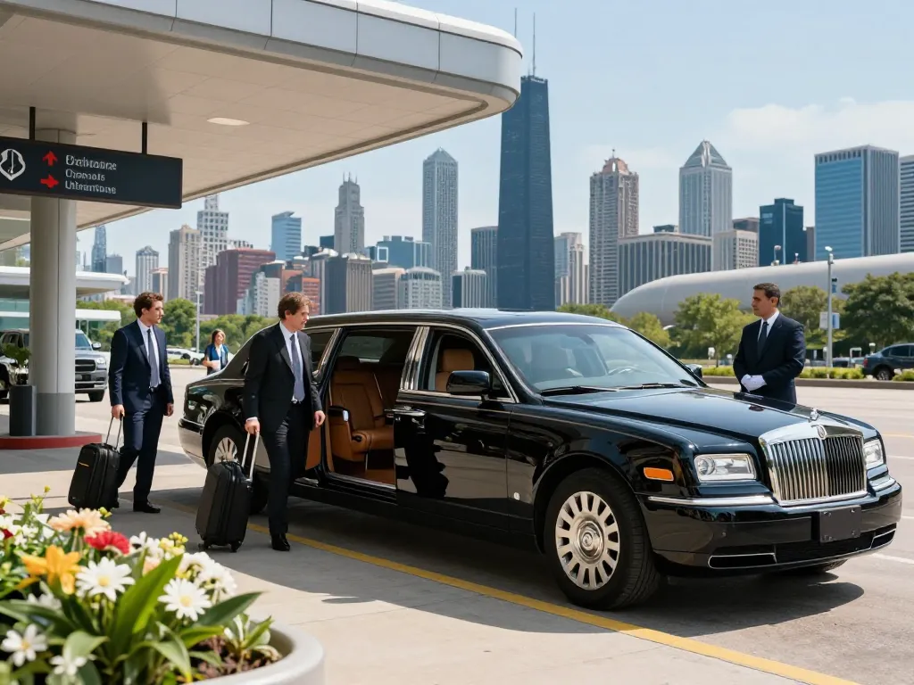 Joliet IL limousine service featuring elegant vehicle and professional chauffeur at O'Hare airport