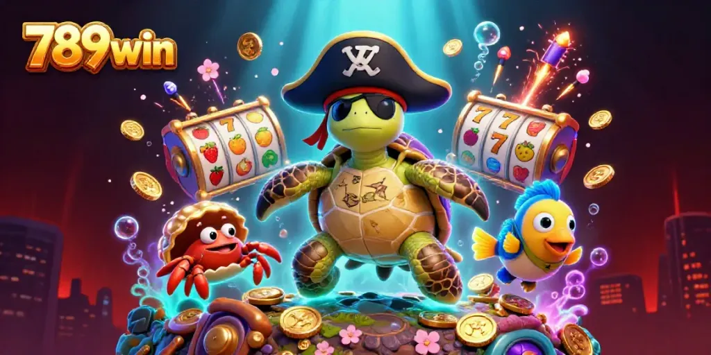 Engage your luck at 789win with a vibrant casino scene featuring a pirate turtle and treasure.