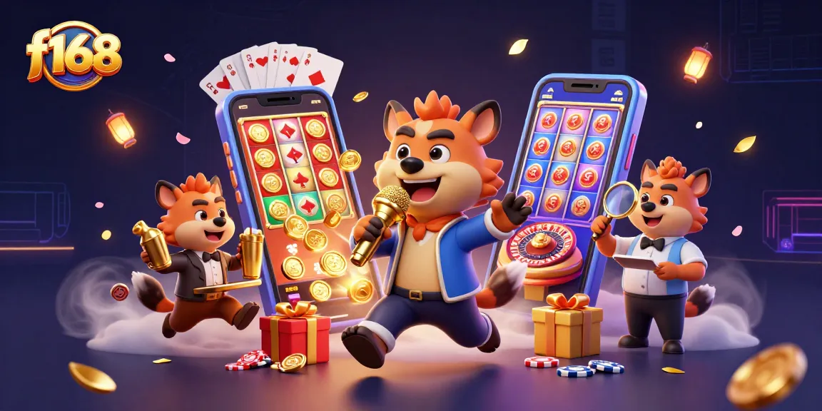 Experience the fun at f168 with a vibrant casino scene featuring hyena characters in action.