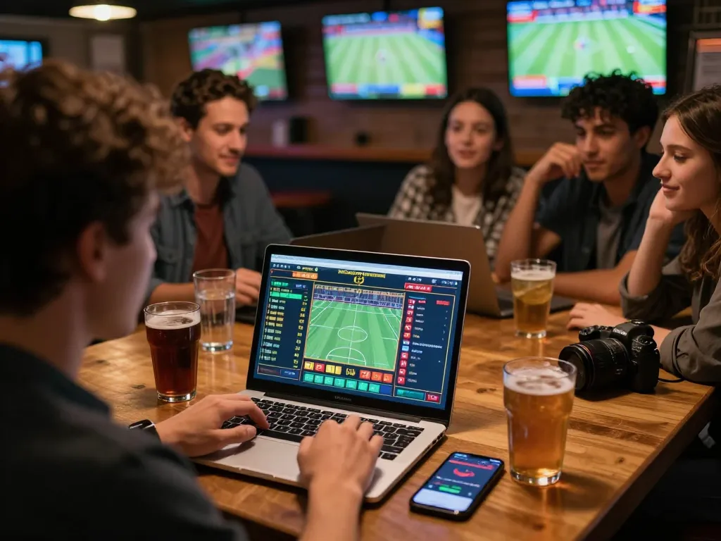 1gomvn user analyzing sports betting odds on a laptop at a lively bar setting with friends around.