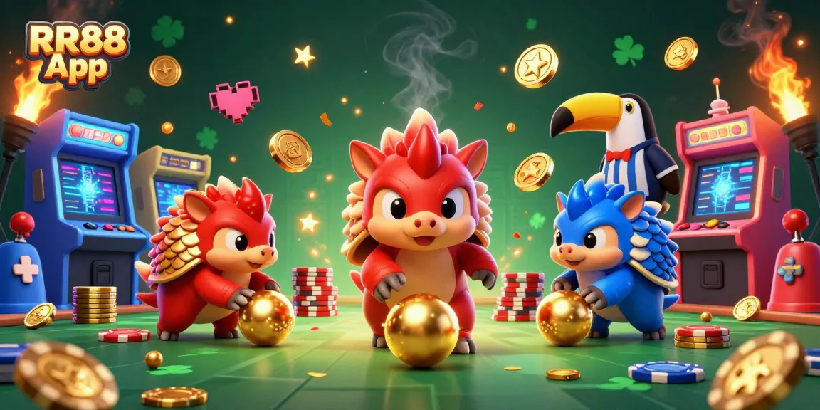 Engage with the RR88 App where rival pangolins roll through poker chips in a vibrant casino setting.
