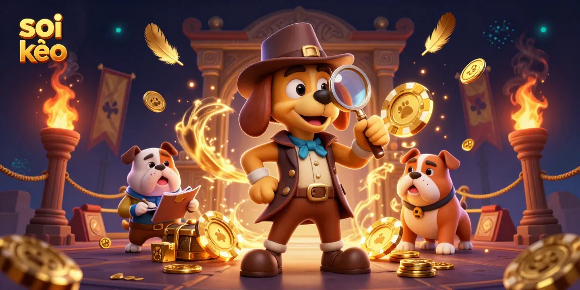Engage in thrilling soi kèo sports betting action with a whimsical detective scene illustrating clues and treasures.