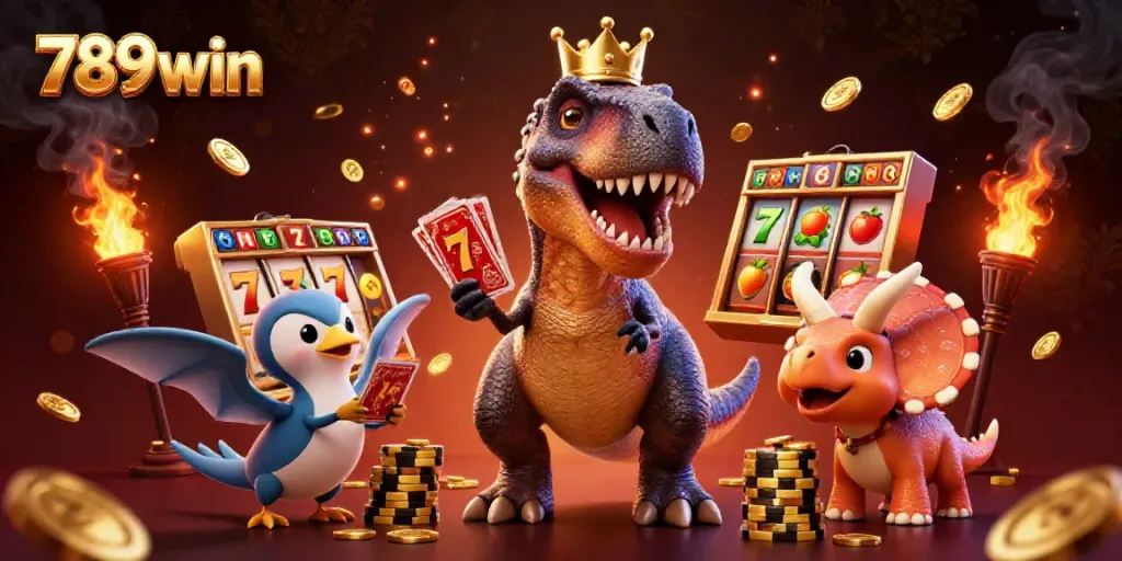 Experience the vibrant world of 789win with a friendly T-Rex shuffling cards and a triceratops stacking chips in a lively casino scene.