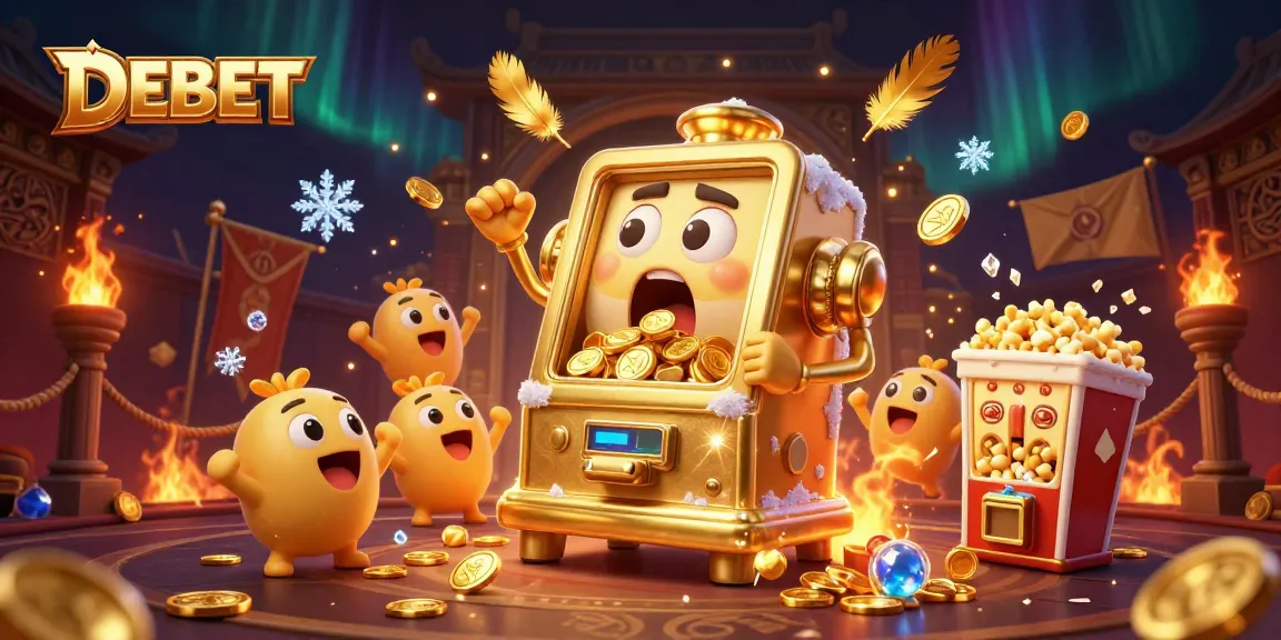DEBET slot machine surprises with jackpot, surrounded by cheering mini slots and popcorn machine