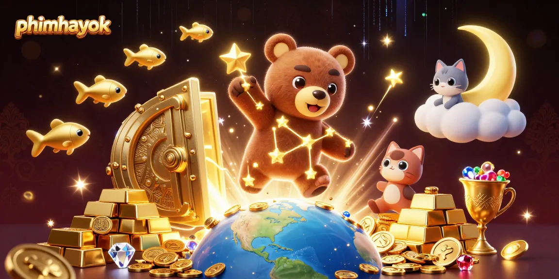 phimhayok players scoop coins from a rich, vibrant casino scene full of treasures and shooting stars